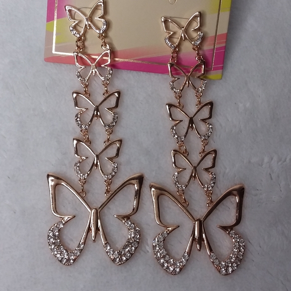 Dangle Pierce Earrings Gold Tone Butterflies Clear Rhinestones Coco Skye - Picture 6 of 6